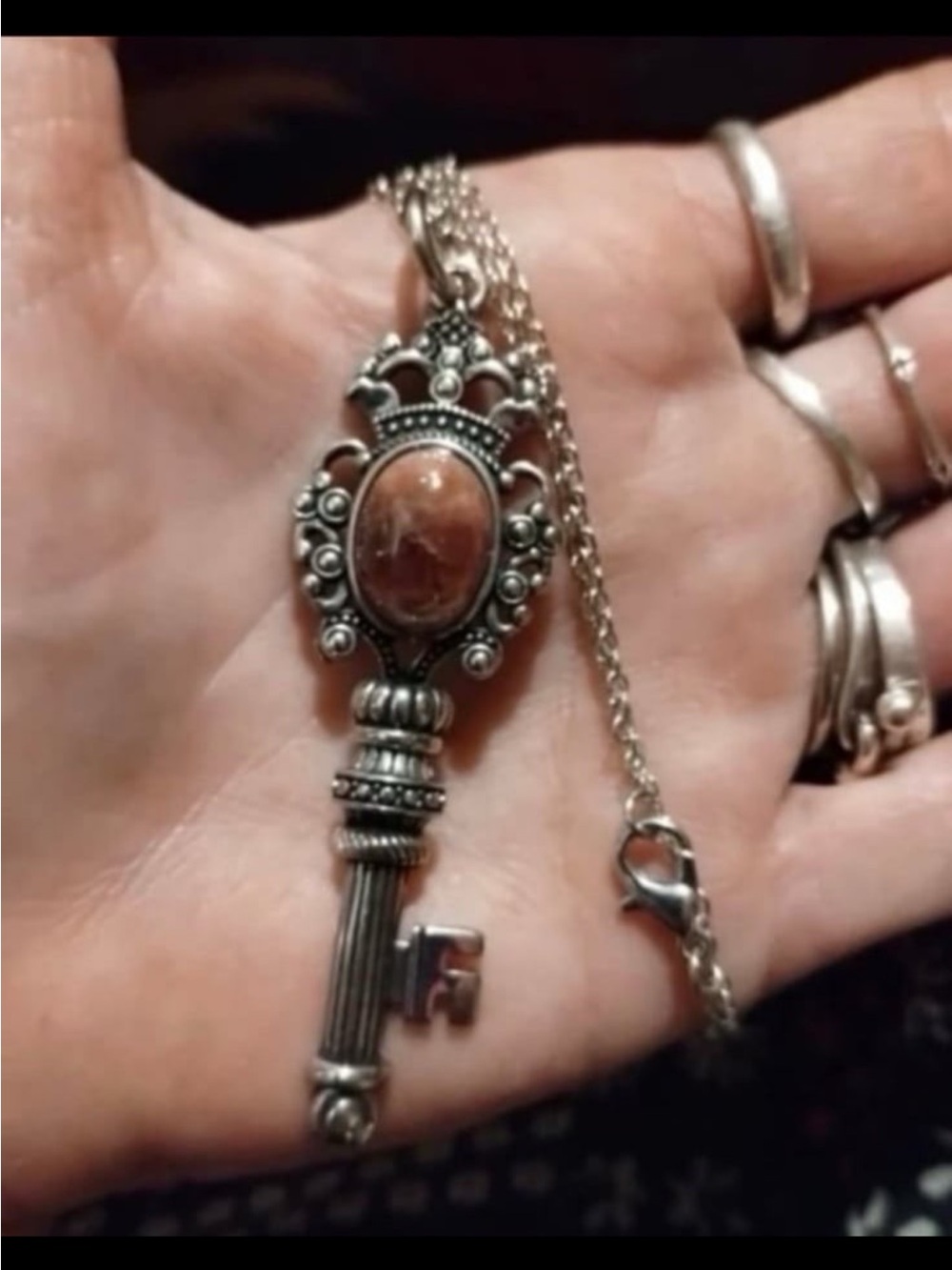 Rhodochrosite Silver Key Pendant Necklace